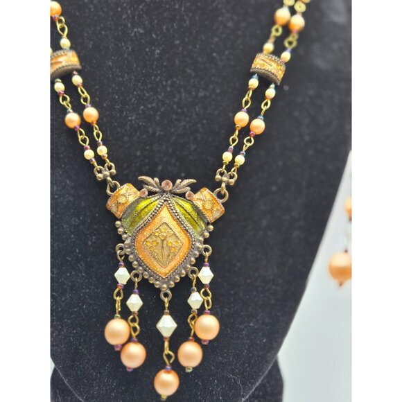 Vintage Enamel Brass Necklace & Earring Set  Rhinestone & Faux Pearl Dangles - Picture 8 of 8